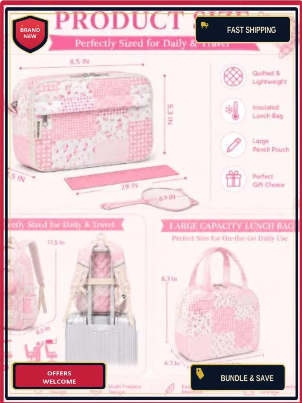 Quilted Floral Backpack Set with Insulated Lunch Bag & Pencil Case for School